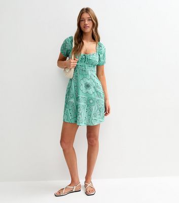 Green Tile Print Milkmaid Mini Dress 3 Green Tile Print Milkmaid Mini Dress