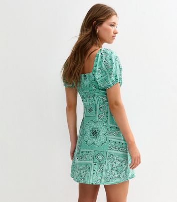 Green Tile Print Milkmaid Mini Dress 4 Green Tile Print Milkmaid Mini Dress