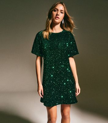 Dark Green Velvet Sequin T-Shirt Dress
