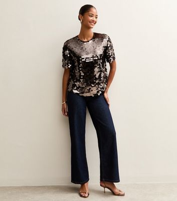 Dark Brown Sequinned Short Sleeve Top