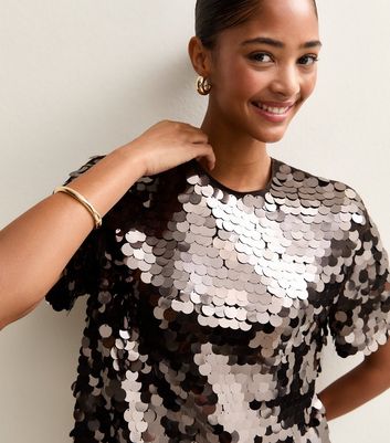 Dark Brown Sequinned Short Sleeve Top 3 Dark Brown Sequinned Short Sleeve Top