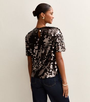 Dark Brown Sequinned Short Sleeve Top 5 Dark Brown Sequinned Short Sleeve Top