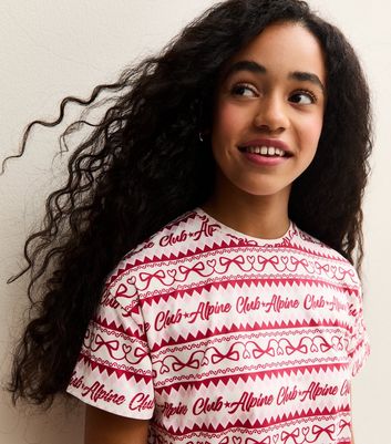 Girls Red Bows Alpine Club Short Sleeve Top and Shorts Pyjama Set