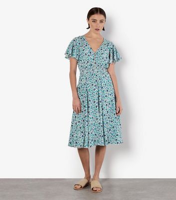 Apricot Blue Watercolour Floral Print Midi Dress