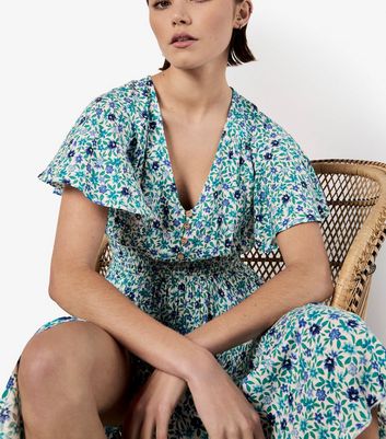 Apricot Blue Watercolour Floral Print Midi Dress