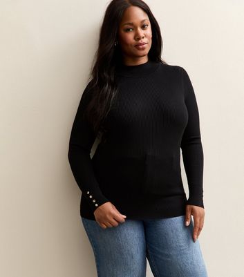 Curves Black Ribbed Button Detail Top