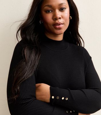 Curves Black Ribbed Button Detail Top