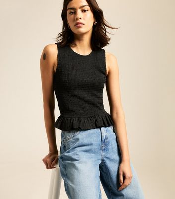 Black Shirred Peplum Hem Top