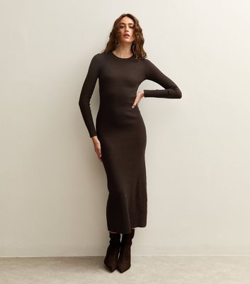 Dark Brown A-Line Knitted Midi Dress