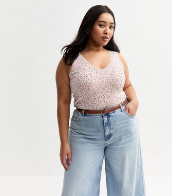 Curves White Ditsy Print Lace Trim Vest Top