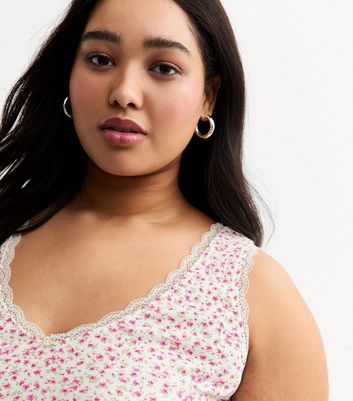 Curves White Ditsy Print Lace Trim Vest Top