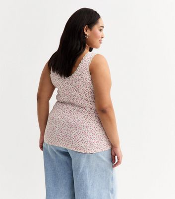 Curves White Ditsy Print Lace Trim Vest Top 4 Curves White Ditsy Print Lace Trim Vest Top