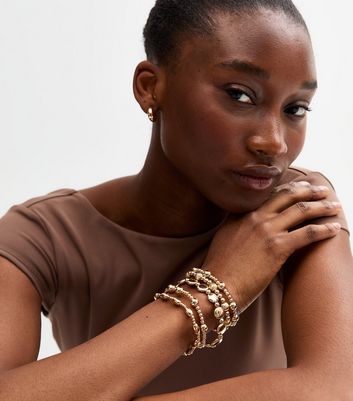 Gold Tone Pack of 5 Beaded Bracelets 3 Gold Tone Pack of 5 Beaded Bracelets