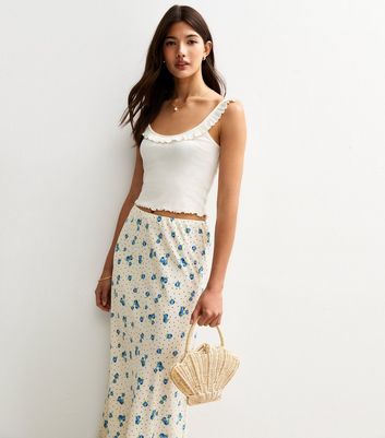 White Blueberry Print Bias Cut Midi Skirt