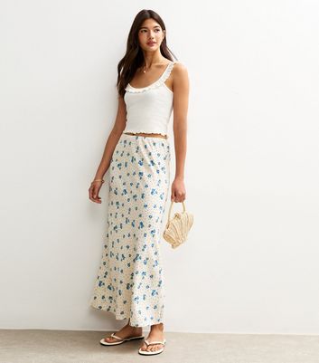 White Blueberry Print Bias Cut Midi Skirt
