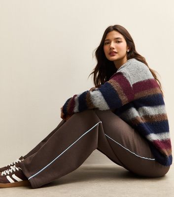 Dark Brown Side Stripe Wide Leg Joggers