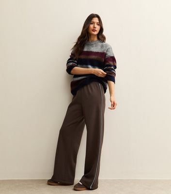 Dark Brown Side Stripe Wide Leg Joggers