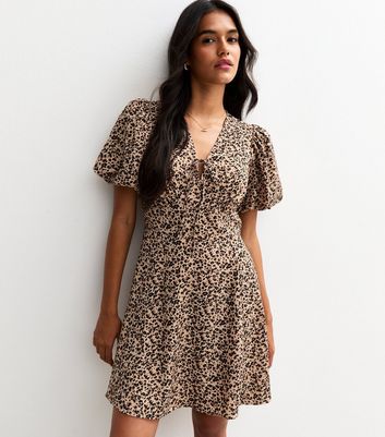 Brown Leopard Print Tie Front Mini Dress