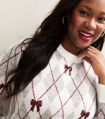 Curves Cream Argyle Sequin Bow Embellished Jumper 3 Curves Cream Argyle Sequin Bow Embellished Jumper