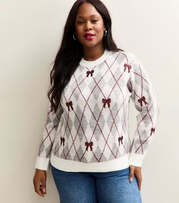 Curves Cream Argyle Sequin Bow Embellished Jumper 4 Curves Cream Argyle Sequin Bow Embellished Jumper