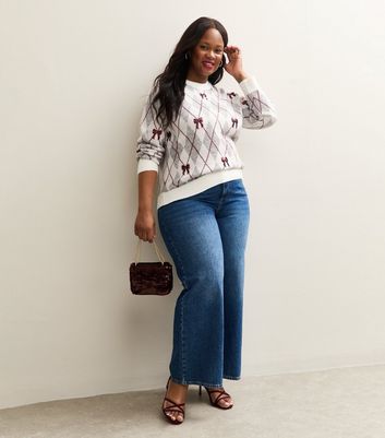 Curves Cream Argyle Sequin Bow Embellished Jumper 5 Curves Cream Argyle Sequin Bow Embellished Jumper
