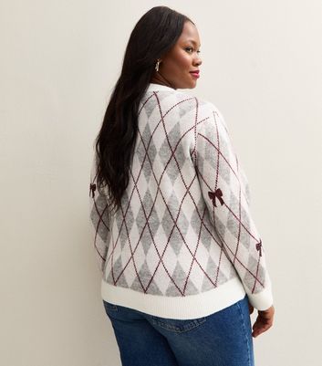 Curves Cream Argyle Sequin Bow Embellished Jumper 6 Curves Cream Argyle Sequin Bow Embellished Jumper