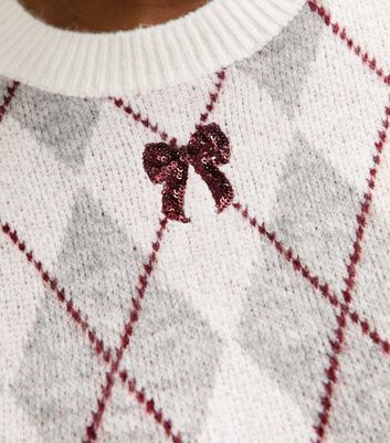 Curves Cream Argyle Sequin Bow Embellished Jumper 7 Curves Cream Argyle Sequin Bow Embellished Jumper