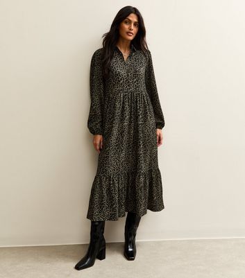 Green Animal Print Buttoned Long Sleeve Midi Dress