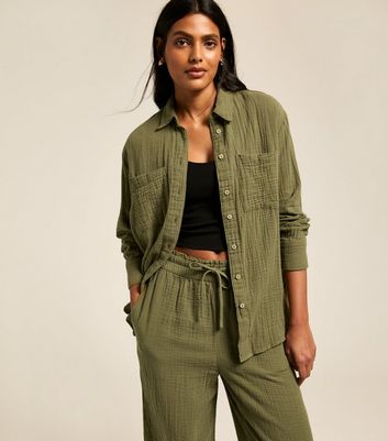 Khaki Crinkled Texture Cotton Shirt