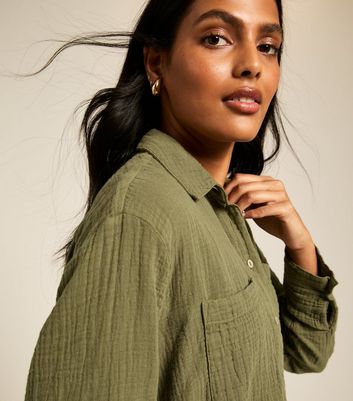Khaki Crinkled Texture Cotton Shirt