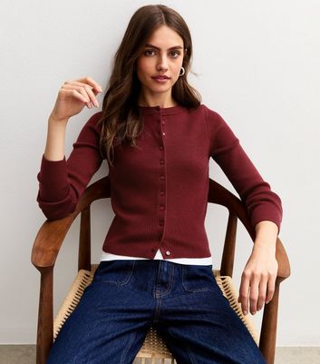 Dark Red Compact Knit Crew Neck Cardigan