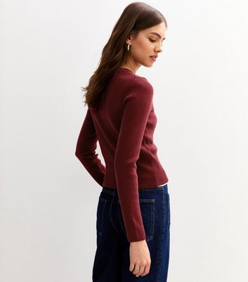 Dark Red Compact Knit Crew Neck Cardigan 4 Dark Red Compact Knit Crew Neck Cardigan
