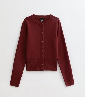 Dark Red Compact Knit Crew Neck Cardigan 5 Dark Red Compact Knit Crew Neck Cardigan