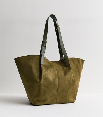 Khaki Faux Suede Shopper Tote Bag