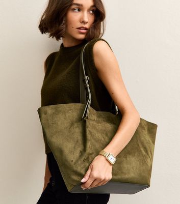Khaki Faux Suede Shopper Tote Bag