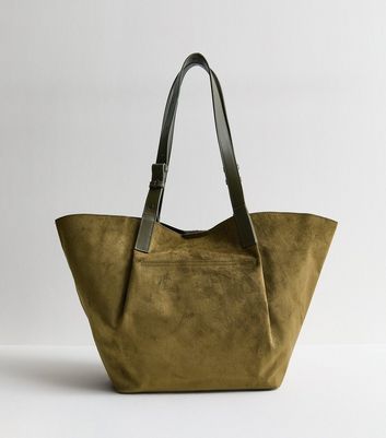 Khaki Faux Suede Shopper Tote Bag