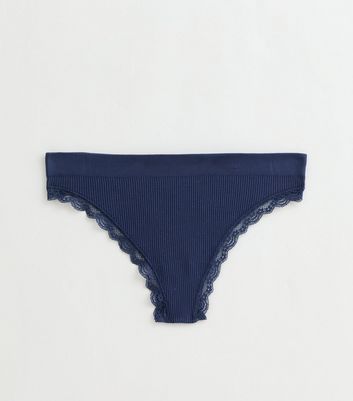 Dark Blue Seamless Lace Trimmed Ribbed Jersey Thong 5 Dark Blue Seamless Lace Trimmed Ribbed Jersey Thong
