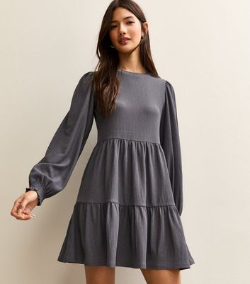 Dark Grey Crinkled Tiered Mini Dress