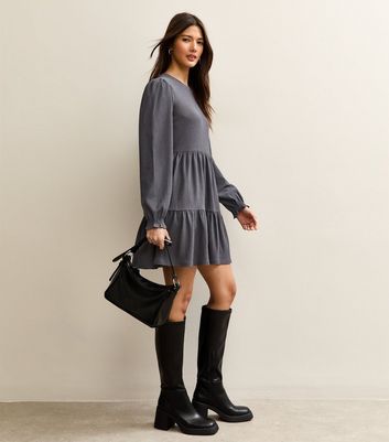 Dark Grey Crinkled Tiered Mini Dress 3 Dark Grey Crinkled Tiered Mini Dress