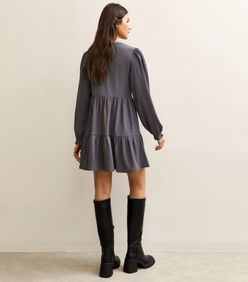 Dark Grey Crinkled Tiered Mini Dress 4 Dark Grey Crinkled Tiered Mini Dress
