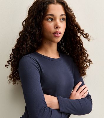 Girls Dark Blue Ribbed Baby Tee Long Sleeve Top