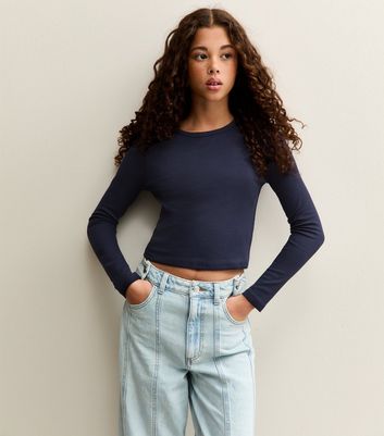 Girls Dark Blue Ribbed Baby Tee Long Sleeve Top