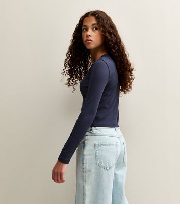 Girls Dark Blue Ribbed Baby Tee Long Sleeve Top 4 Girls Dark Blue Ribbed Baby Tee Long Sleeve Top