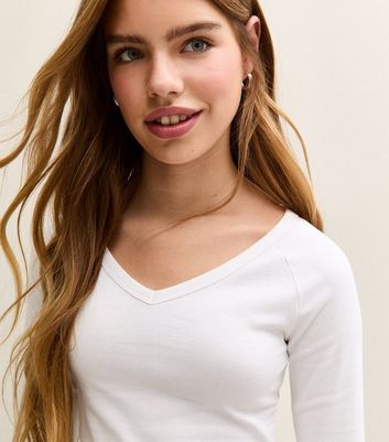 Girls White V Neck Long Sleeve Top