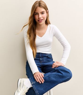 Girls White V Neck Long Sleeve Top