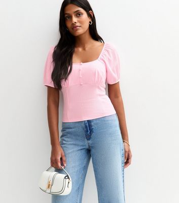 Pink Crinkle Jersey Button Front Top