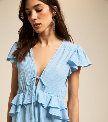 Blue Crinkle Texture Flutter Sleeve Mini Dress