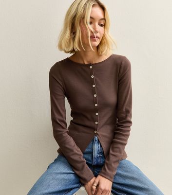 Brown Button Through Long Sleeve Top