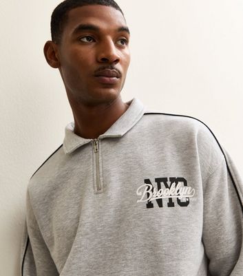 Grey Marl Relaxed Brooklyn Logo Quarter Zip Sweatshirt