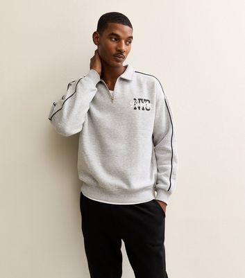 Grey Marl Relaxed Brooklyn Logo Quarter Zip Sweatshirt